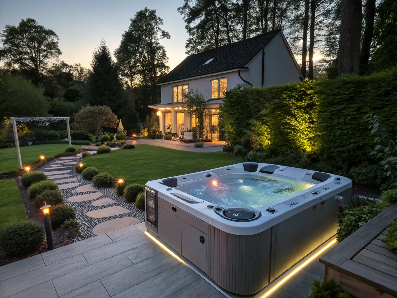 A serene backyard spa with bubbling water, surrounded by ambient lighting and comfortable seating, representing 4N Outdoor Living & Pools' spa installation and maintenance service.