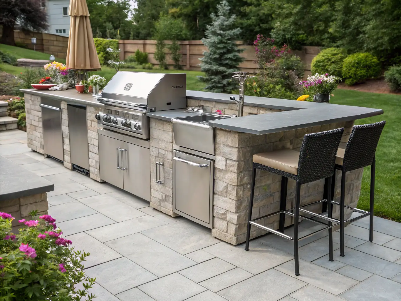 A modern outdoor kitchen featuring a built-in grill, countertop prep area, and seating for guests, illustrating 4N Outdoor Living & Pools' outdoor kitchen creation service.