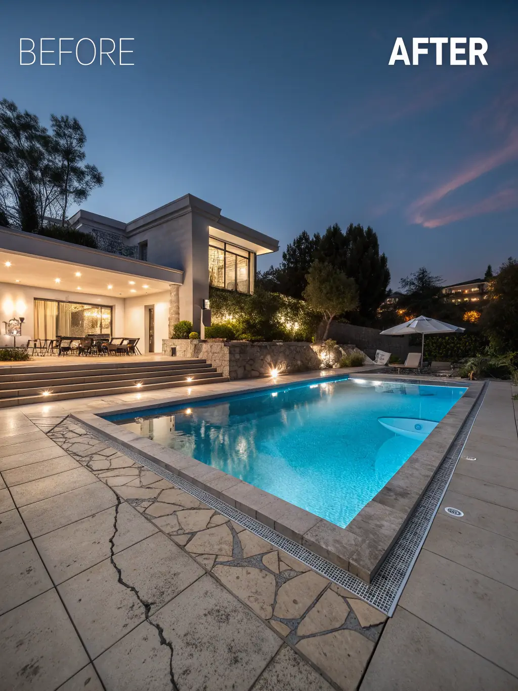 A before-and-after shot of a pool renovation project, showcasing the transformation from worn-out tiles and plaster to a revitalized and modern pool surface.